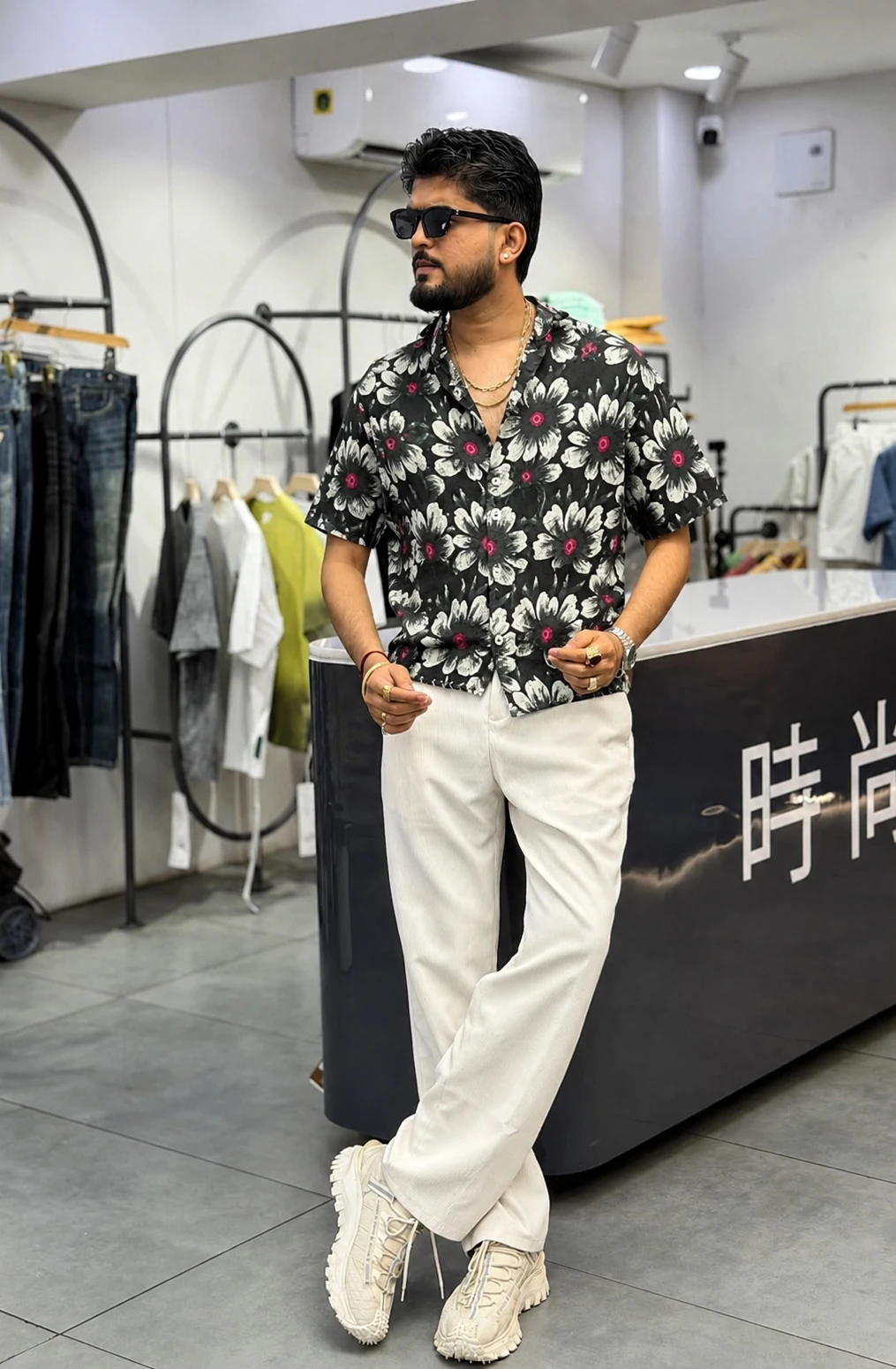 Floral Oversized Half Sleeve Shirt - Black