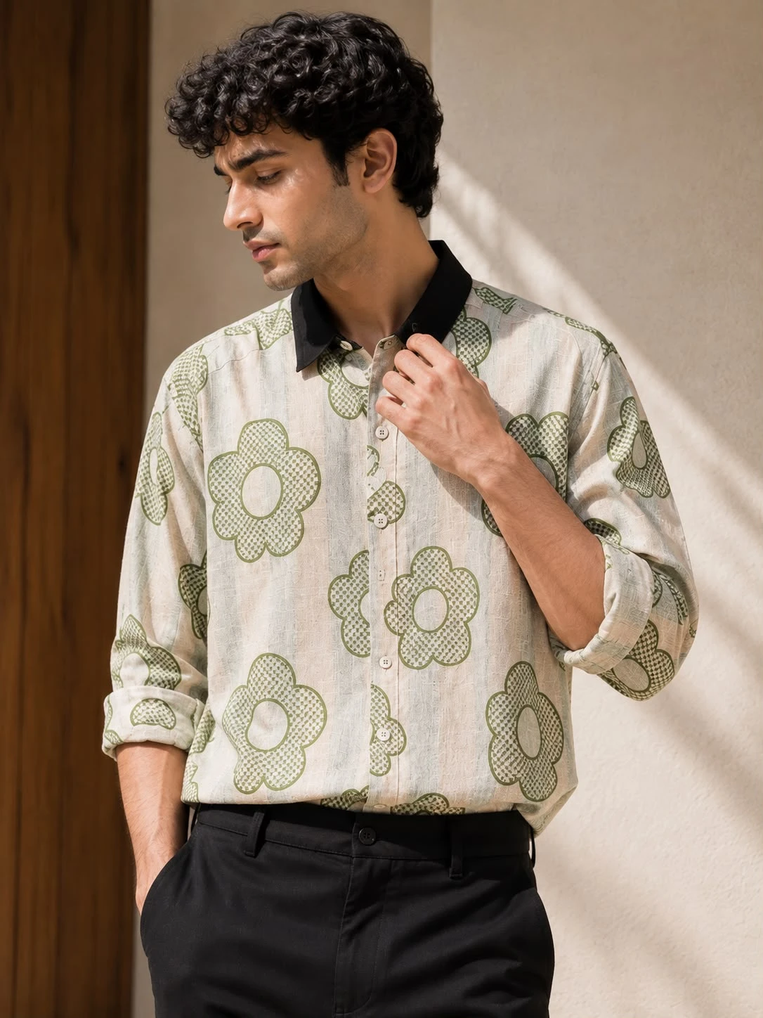 Floral Print Premium Casual Shirt | Full Sleeve Regular Fit - BEIGE & OLIVE