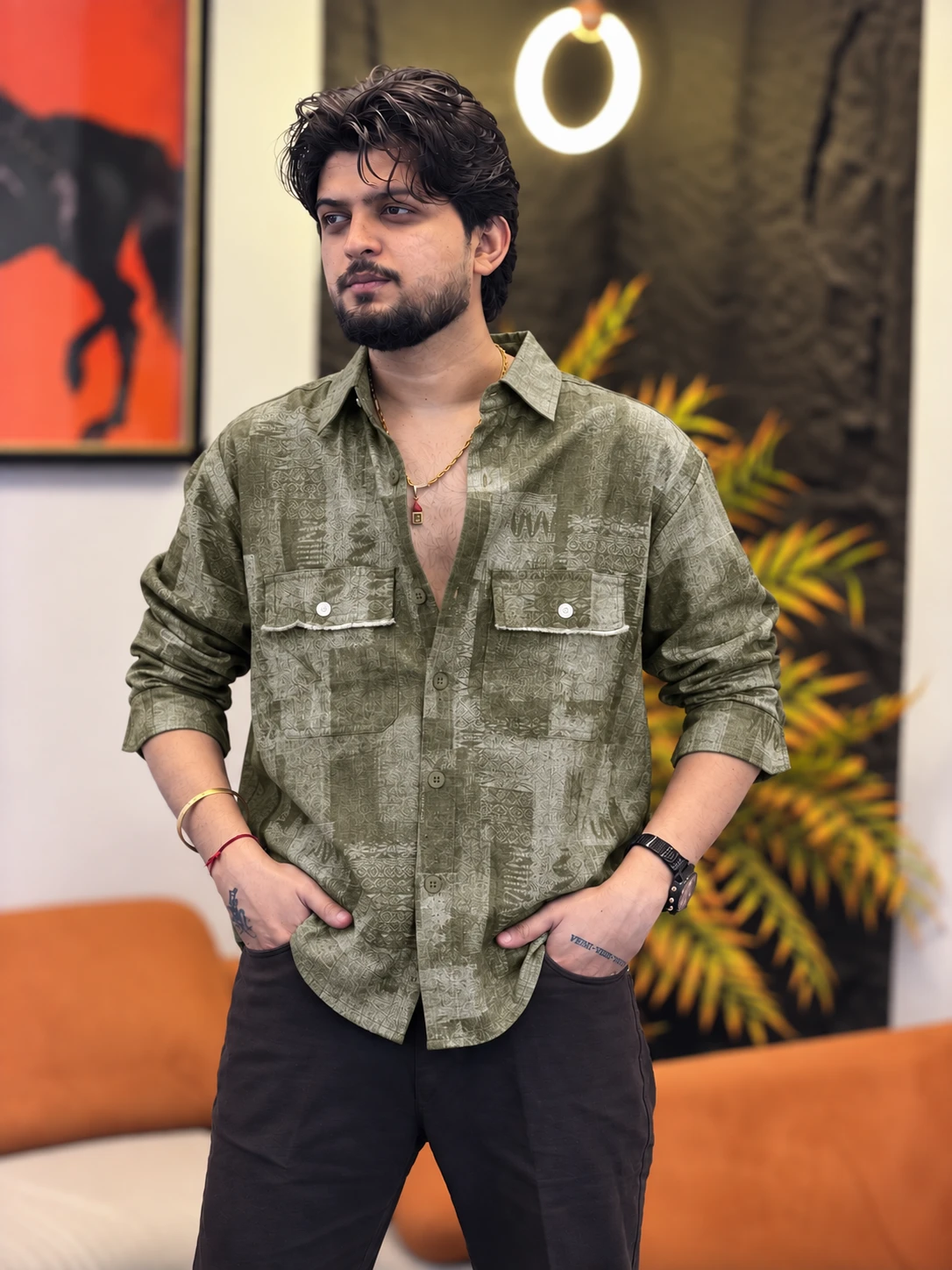 Urban Textured Utility Shirt - Olive Khaki