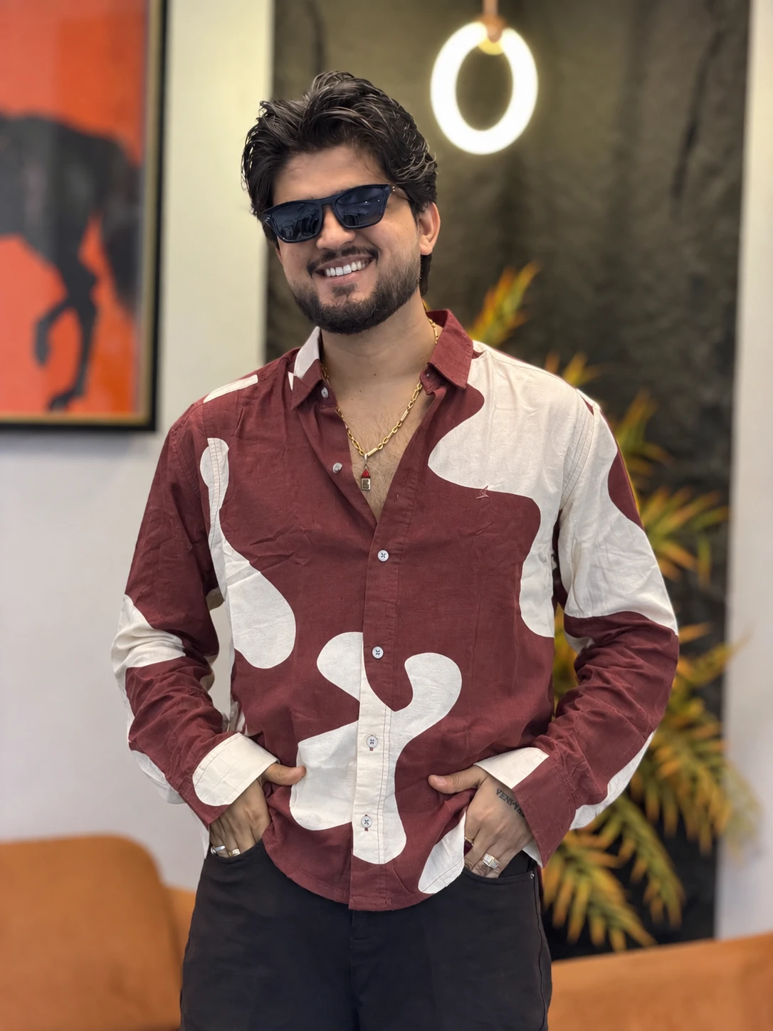 Abstract Contrast Print Shirt - Burgundy & Ivory