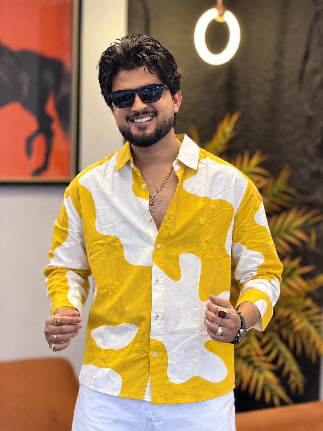Abstract Contrast Print Shirt - Mustard Yellow & Ivory