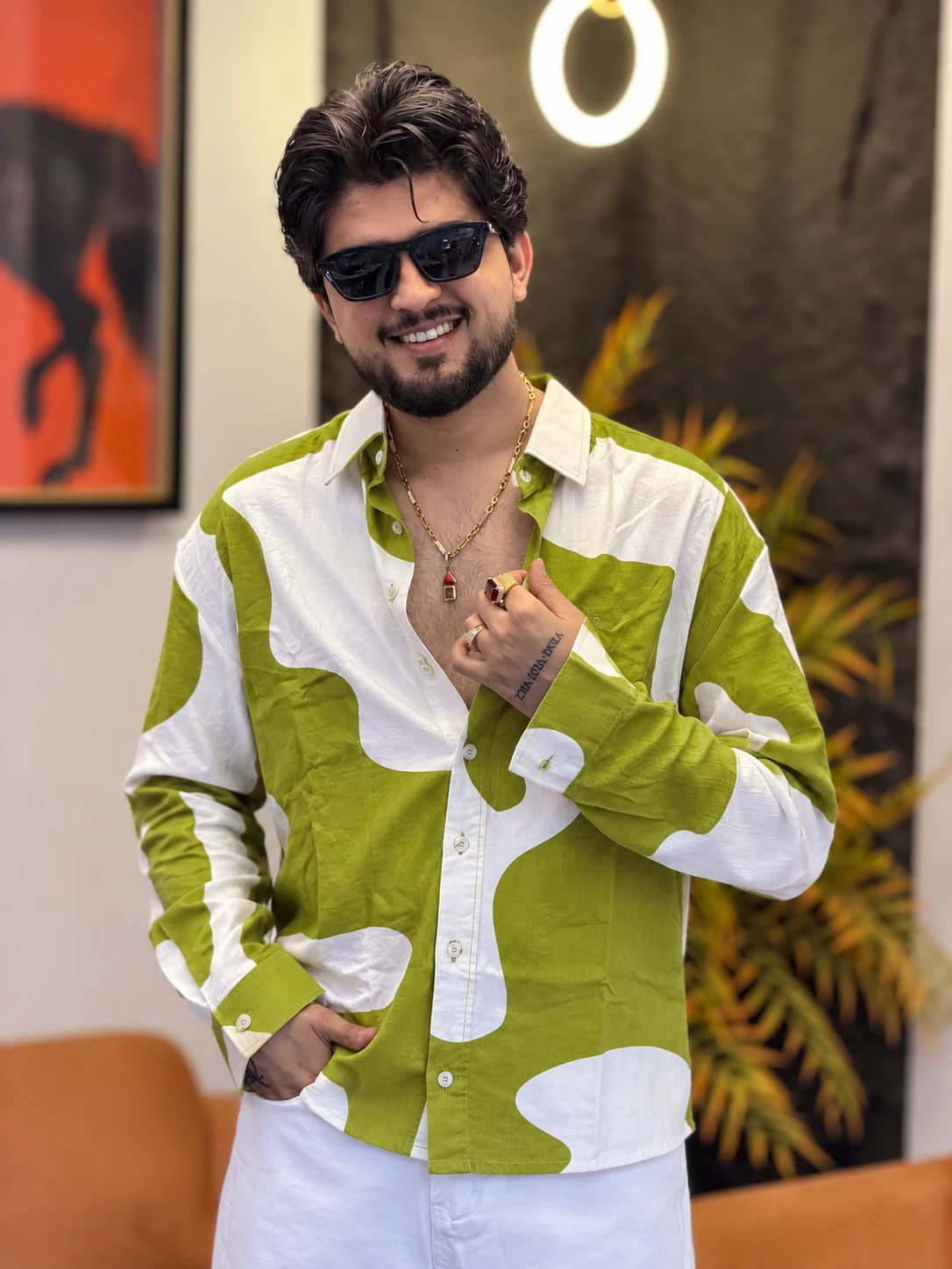 Abstract Contrast Print Shirt - Olive Green & Ivory